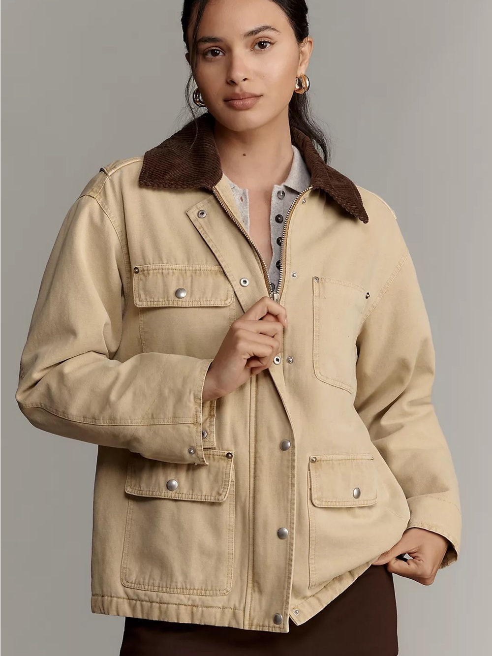 Blank NYC Cream Utility Jacket with Brown Corduroy Collar